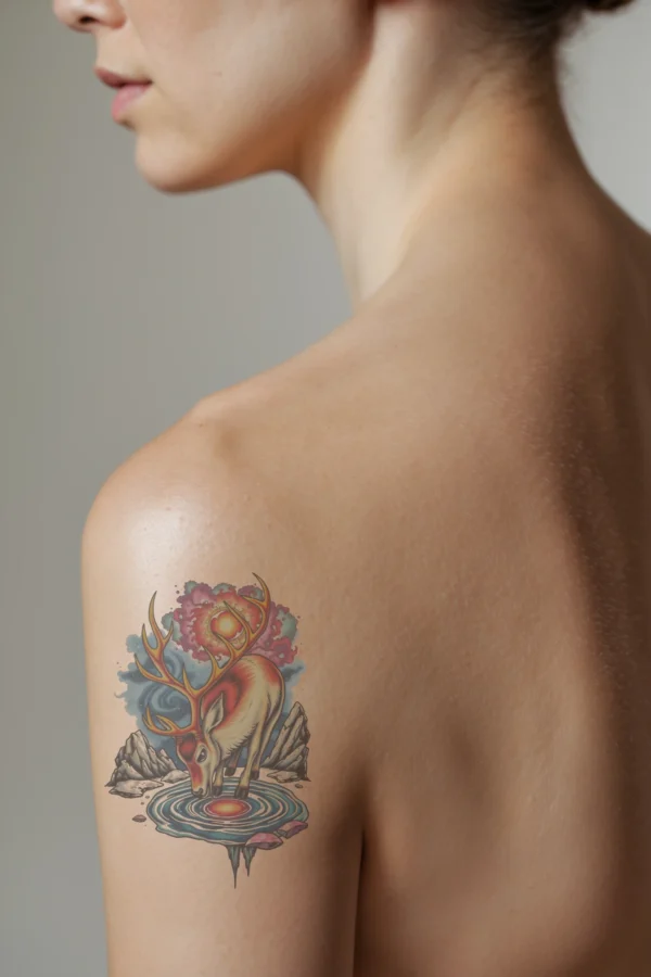 A temporary temporary tattoo on a person's shoulder shows a majestic reindeer, depicted in profile, standing on a dark rock. The reindeer features a primarily white body with accents of orange and red, while its legs are dark brown or black. It is positioned