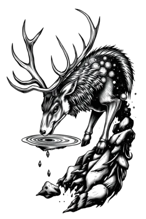 A black and white temporary tattoo design featuring a majestic deer with large gray and white antlers, standing on a dark gray rocky outcrop. The deer is positioned facing left, with its head slightly tilted and gaze directed to the left. Its coat displays