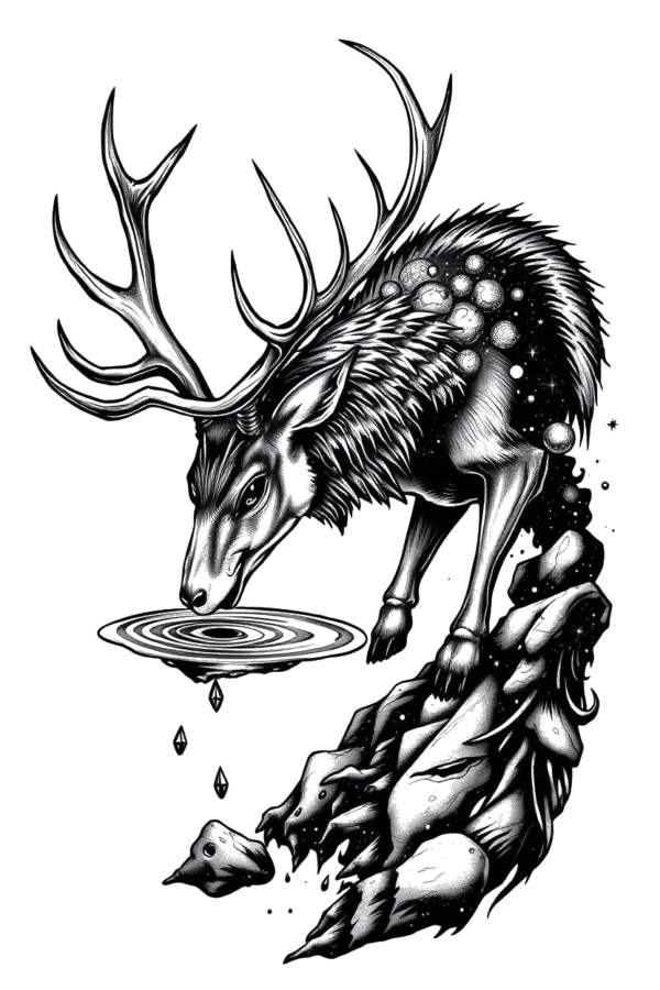 A black and white temporary temporary tattoo design featuring a majestic deer with large gray and white antlers, standing on a dark gray rocky outcrop. The deer is positioned facing left, with its head slightly tilted and gaze directed to the left. Its coat displays