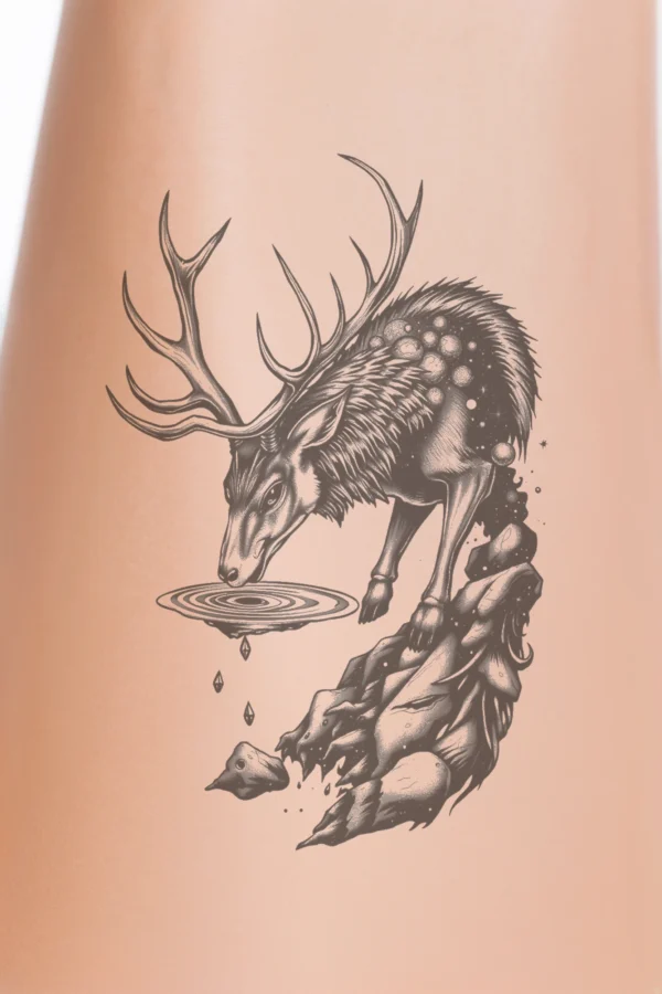 Black and white temporary temporary tattoo design featuring a majestic deer with large antlers, perched on a dark gray rocky outcrop. The deer, with a mixed gray and white coat, stands facing left with its head slightly tilted, gazing in the same direction