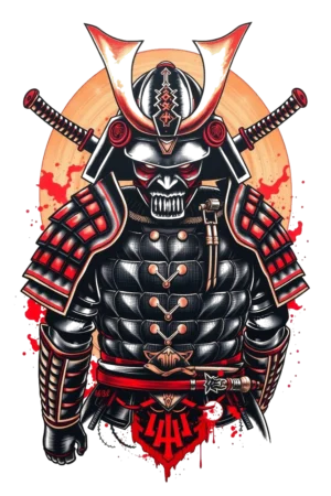 A striking temporary tattoo design featuring a traditional Japanese warrior dressed in primarily black armor with red accents. The warrior wears a black and red helmet adorned with a large, pointed horn and a dark visor. His face is covered by a fierce red mask, and