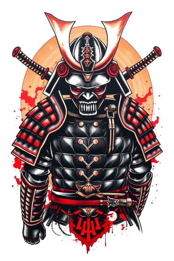 A striking temporary temporary tattoo design featuring a traditional Japanese warrior dressed in primarily black armor with red accents. The warrior wears a black and red helmet adorned with a large, pointed horn and a dark visor. His face is covered by a fierce red mask, and