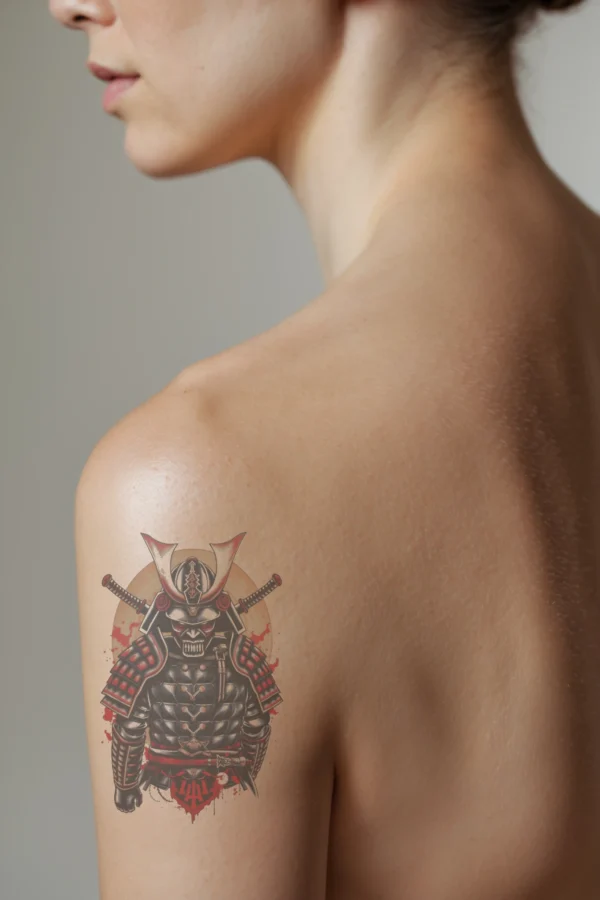 A detailed temporary temporary tattoo on a person's shoulder depicts a warrior in traditional Japanese style. The warrior is wearing a striking black and red helmet with a prominent horn and a red mask covering the face. Clad in dark armor accented with red details, the warrior