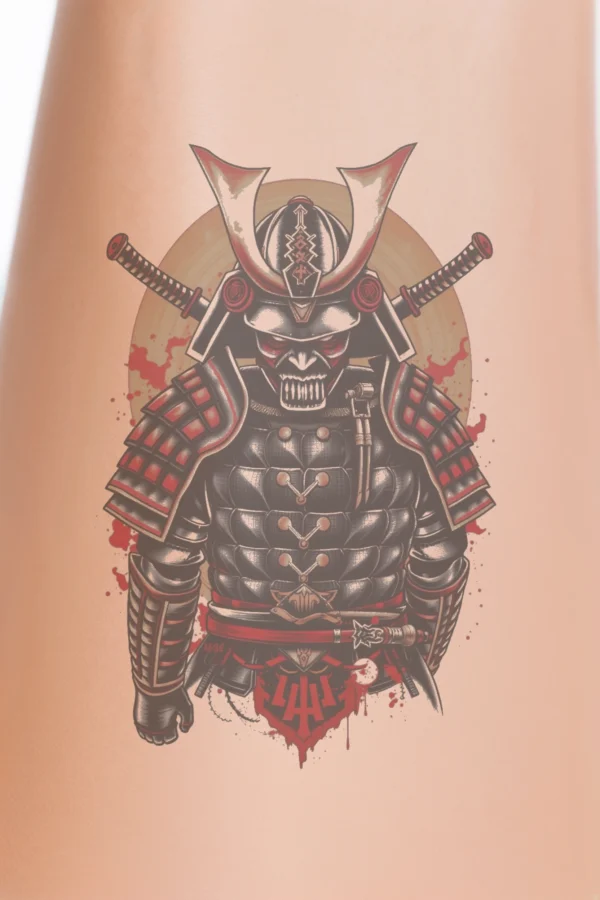 A temporary temporary tattoo design featuring a traditional Japanese warrior in a fierce pose. The warrior, equipped with a black and red helmet topped with a large, pointed horn, wears dark armor accented with red details on the shoulder pads. His face is covered by a