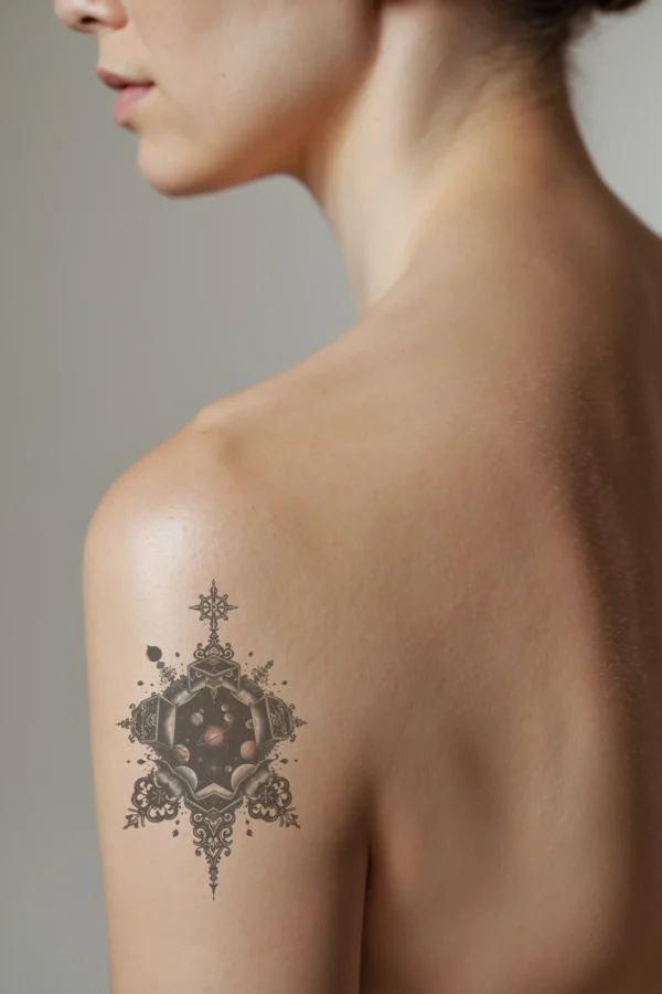 Profile view of a person showcasing a temporary temporary tattoo on their shoulder. The temporary tattoo features a vibrant celestial scene with a central star in radiant red and orange hues, surrounded by blue, green, and orange planets arranged in a circular pattern. An ornate, symmetrical