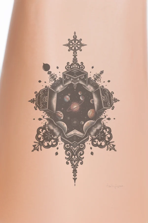 Temporary temporary tattoo design featuring a vibrant celestial scene with a central star in radiant red and orange hues. Surrounding the star are planets in shades of blue, green, and orange, arranged in a circular pattern. An ornate, symmetrical border frames the illustration,