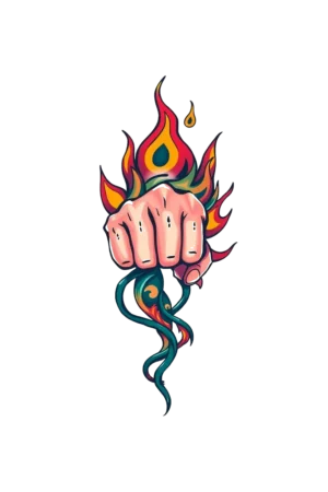 A vibrant temporary tattoo design featuring a stylized fist in red, orange, and yellow hues, prominently displayed against a white background. The fist is depicted in a powerful pose with extended fingers and defined knuckles, complemented by an intricate fiery design of flames