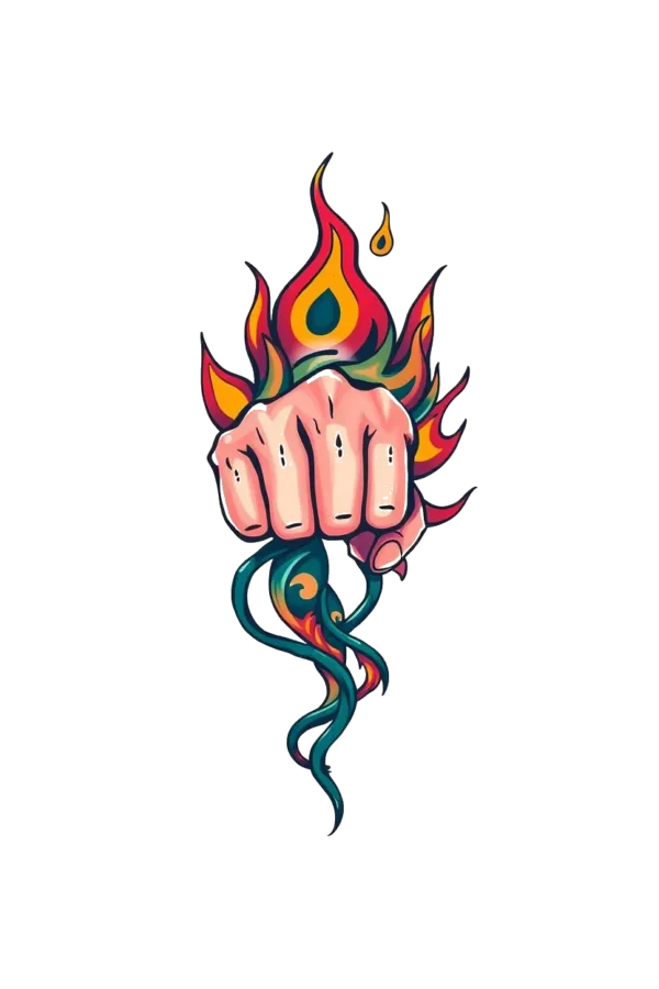 A vibrant temporary temporary tattoo design featuring a stylized fist in red, orange, and yellow hues, prominently displayed against a white background. The fist is depicted in a powerful pose with extended fingers and defined knuckles, complemented by an intricate fiery design of flames