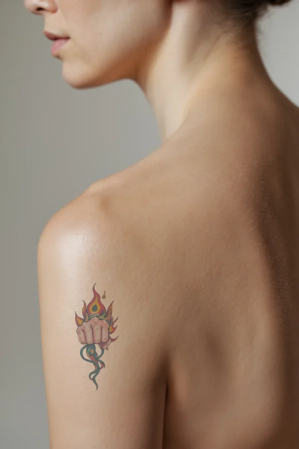 Temporary temporary tattoo on a person's shoulder featuring a vibrant, stylized illustration of an extended fist in shades of red, orange, and yellow. The fist is positioned prominently against a white background, showcasing clearly defined knuckles. Surrounding the fist is an intricate
