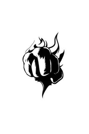 A black and white illustration of a dynamic fist, centrally positioned in the image. The fist, with slightly curled fingers and an upward-facing palm, is rendered with bold black lines that emphasize its form and create depth. The stark white background enhances the contrast