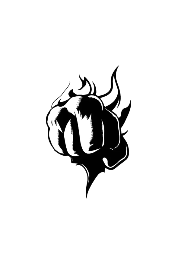A black and white illustration of a dynamic fist, centrally positioned in the image. The fist, with slightly curled fingers and an upward-facing palm, is rendered with bold black lines that emphasize its form and create depth. The stark white background enhances the contrast