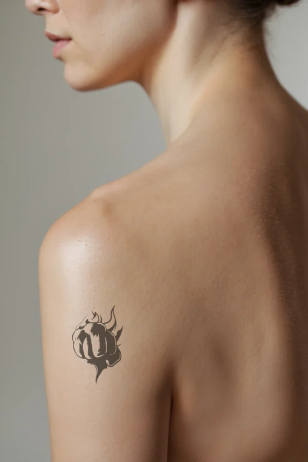 A close-up profile view of a person's shoulder showcasing a temporary temporary tattoo featuring a striking black and white illustration of a fist. The fist, presented in a dynamic pose with slightly curled fingers and an upward-facing palm, dominates the image. The intricate black lines