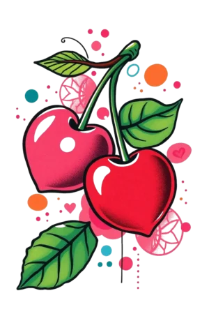A vibrant temporary tattoo design featuring two heart-shaped cherries in shades of pink and red, each with a dark red stem extending upwards. The cherries are adorned with a green leaf and a pink flower, surrounded by colorful abstract shapes. The illustration showcases bold lines