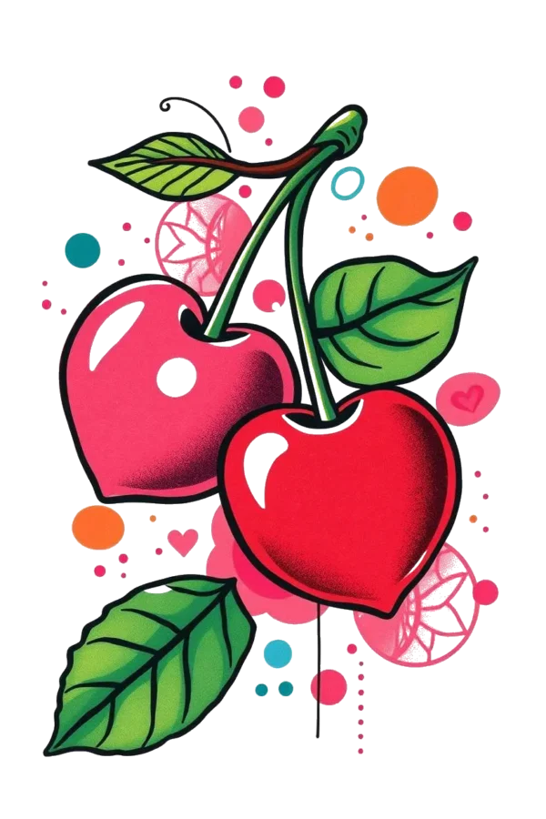 A vibrant temporary temporary tattoo design featuring two heart-shaped cherries in shades of pink and red, each with a dark red stem extending upwards. The cherries are adorned with a green leaf and a pink flower, surrounded by colorful abstract shapes. The illustration showcases bold lines