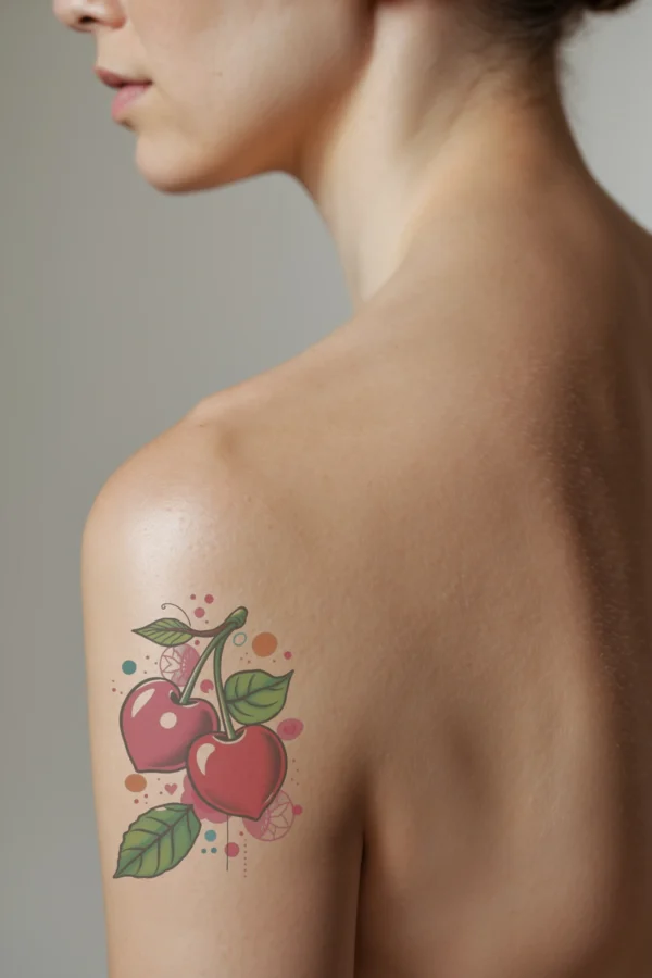 A profile view of a person showcasing a temporary temporary tattoo on their shoulder, featuring two vibrant cherries with heart-shaped bodies in shades of pink and red. Each cherry has a glossy finish, with dark red stems extending upwards. The temporary tattoo includes colorful elements such as