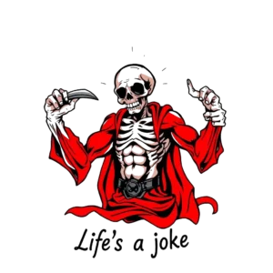 A temporary tattoo design featuring a skeletal figure wearing a flowing red cape and a black belt, set against a white background. The figure has pale skin, a stark skeletal appearance, and its fists are clenched, conveying strength and determination. The head is
