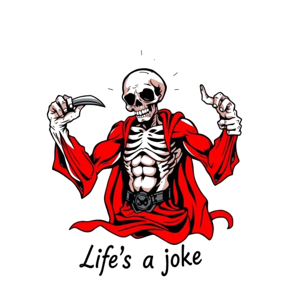 A temporary temporary tattoo design featuring a skeletal figure wearing a flowing red cape and a black belt, set against a white background. The figure has pale skin, a stark skeletal appearance, and its fists are clenched, conveying strength and determination. The head is
