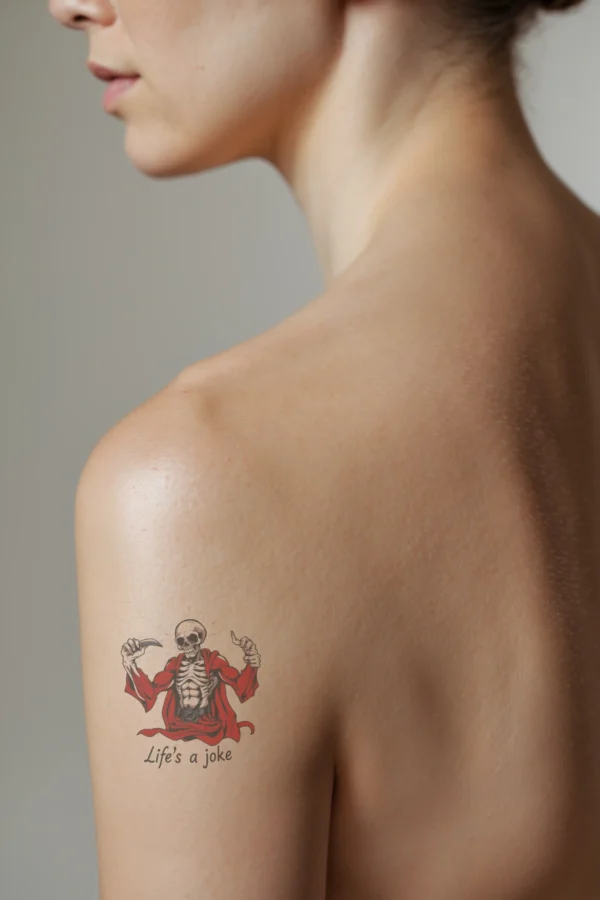 A temporary temporary tattoo on a person's shoulder features a detailed skeletal figure in profile, adorned with a flowing red cape and a black belt. The figure has pale skin and a pronounced skeletal structure, with clenched fists and a slight tilt of the head to the
