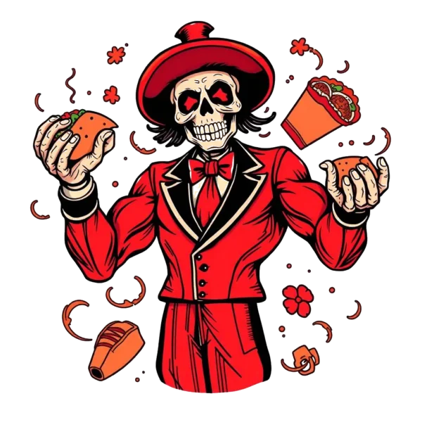 A vibrant temporary temporary tattoo design featuring a stylized skeleton in a red hat and suit, holding a red taco in its left hand and a red burrito in its right hand. The skeleton has exaggerated facial features, including a wide smile and prominent nose.