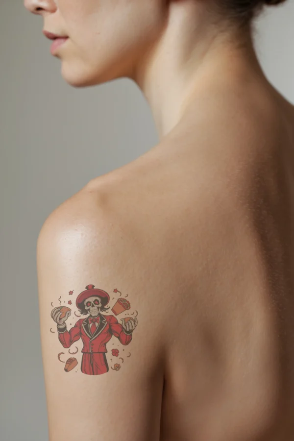 A profile view of a person showcasing a temporary temporary tattoo on their shoulder. The temporary tattoo features a vibrant skeleton adorned in a red hat and red suit, holding a red taco in its left hand and a red burrito in its right. Surrounding the skeleton