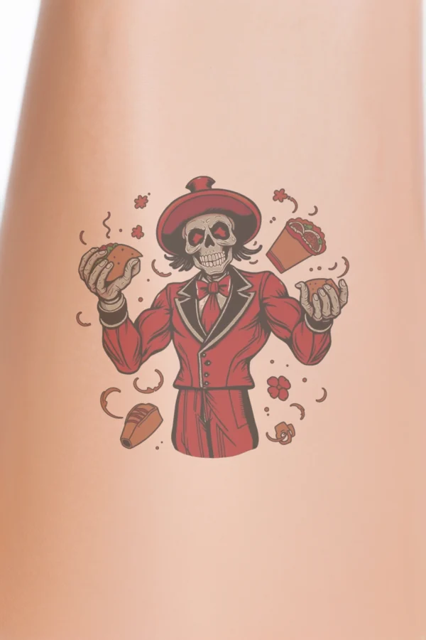 A colorful temporary temporary tattoo design featuring a stylized skeleton in a red hat and suit. The skeleton holds a red taco in its left hand and a red burrito in its right. It is surrounded by a red flower and adorned with a red and white
