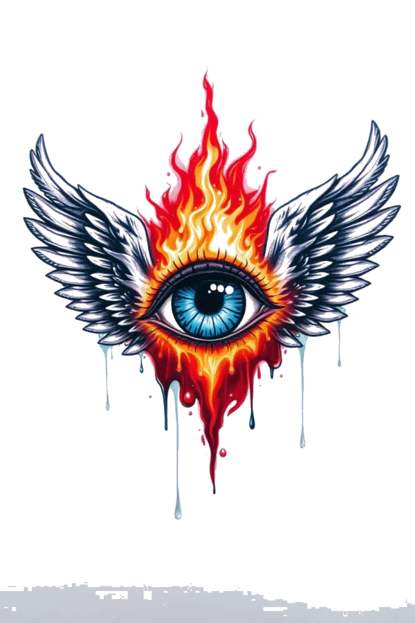 A large, striking blue eye with a fiery red and orange iris is depicted on a white background. Surrounding the eye is an energetic flame in red and orange hues, extending upwards. Two wings, one on each side of the eye, are illustrated