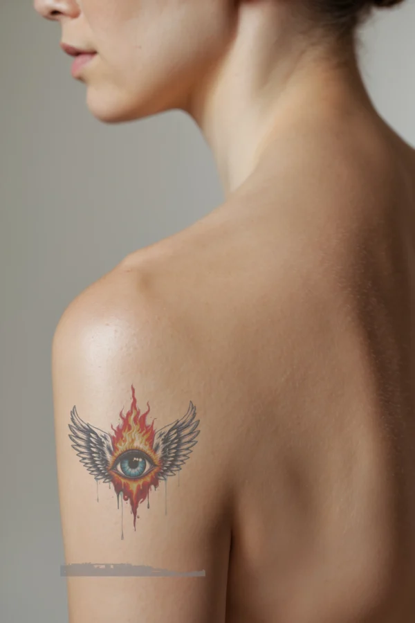 A temporary temporary tattoo design on a shoulder features a large blue eye with a vibrant red and orange iris, surrounded by fiery red and orange flames that extend outward. The eye is framed by two wide-spread wings, one in shades of gray and white and