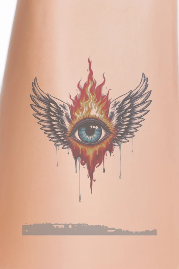 Temporary temporary tattoo design featuring a large, striking blue eye with a vibrant red and orange iris on a white background. The eye is encompassed by flames in shades of red and orange, creating dynamic energy and movement. Two wide, outstretched wings fl