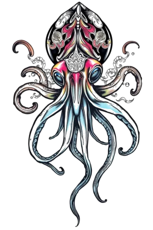 A detailed temporary tattoo design featuring a squid, centrally positioned and facing right. The squid's body showcases intricate black patterns accented with vibrant pink and blue hues, creating a striking contrast against a white background. Its head features bold black and pink designs, while