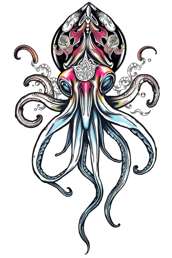 A detailed temporary temporary tattoo design featuring a squid, centrally positioned and facing right. The squid's body showcases intricate black patterns accented with vibrant pink and blue hues, creating a striking contrast against a white background. Its head features bold black and pink designs, while
