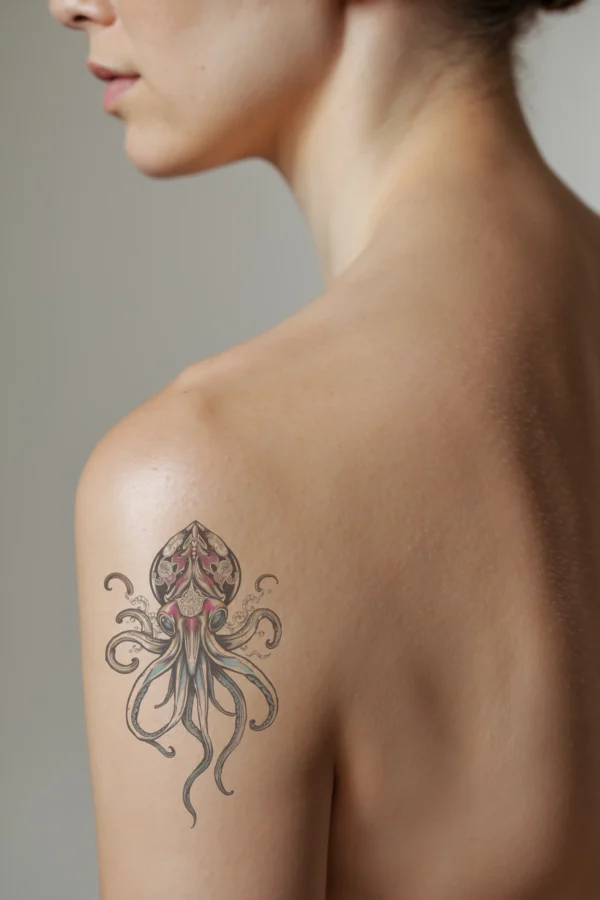 A close-up of a temporary temporary tattoo on a person's shoulder features a detailed squid design. The squid, facing right, showcases intricate patterns in black, pink, and blue against a white background. Its body is primarily black with vibrant pink and blue accents,