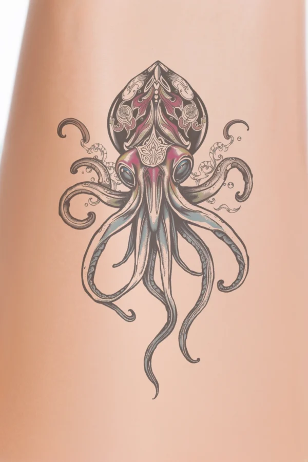 A vibrant temporary temporary tattoo design featuring a detailed illustration of a squid, centrally positioned and facing right. The squid displays intricate patterns in bold black, pink, and blue hues against a white background. Its body is predominantly black with pink and blue accents, while