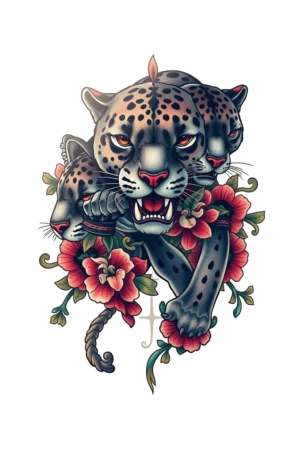 A temporary tattoo design featuring a stylized jaguar with gray and black fur accented by red and orange highlights. The jaguar's fierce red eyes and open mouth reveal sharp teeth, while its body is captured in a dynamic pose with front legs extended and