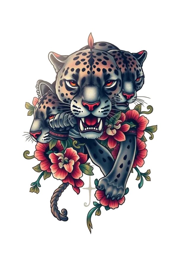 A temporary temporary tattoo design featuring a stylized jaguar with gray and black fur accented by red and orange highlights. The jaguar's fierce red eyes and open mouth reveal sharp teeth, while its body is captured in a dynamic pose with front legs extended and