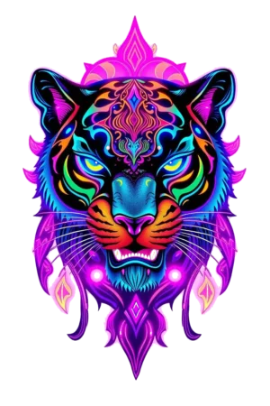 A vibrant temporary tattoo featuring a tiger's head, illustrated in bright shades of pink, purple, blue, and orange. The fierce expression is highlighted by wide blue eyes and an open mouth showcasing a deep orange-red interior. The tiger's fur combines intricate