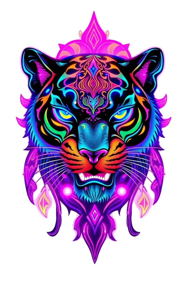 A vibrant temporary temporary tattoo featuring a tiger's head, illustrated in bright shades of pink, purple, blue, and orange. The fierce expression is highlighted by wide blue eyes and an open mouth showcasing a deep orange-red interior. The tiger's fur combines intricate