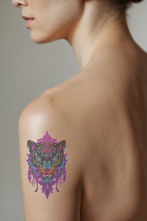 A vibrant temporary temporary tattoo on a person's shoulder showcases a tiger's head in profile. The fierce-looking tiger features wide blue eyes and a slightly open mouth, with fur in shades of black and orange, detailed with intricate patterns. Atop the tiger's head