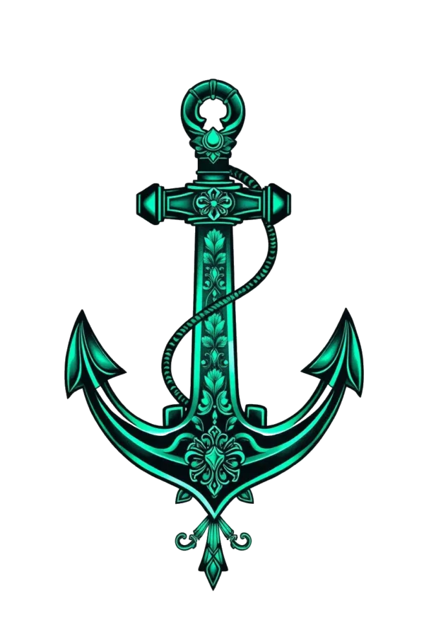 Temporary temporary tattoo featuring a central teal or turquoise anchor with intricate details, including decorative elements at the top, middle, and bottom. The design resembles a French anchor and is set against a white background, emphasizing its vibrant color and fine artistry.