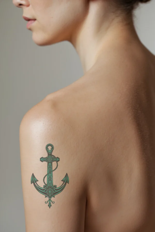 A profile view of a person displaying a temporary temporary tattoo on their shoulder, featuring a detailed teal anchor. The anchor, reminiscent of a French design, is centrally positioned and embellished with intricate decorative elements at the top, bottom, and middle. The vibrant turquoise