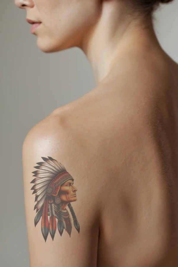 A temporary temporary tattoo on a person's shoulder depicts a detailed profile of a Native American man. He wears a colorful headdress made of red, white, and black feathers, complemented by a dark band around his forehead. His serious expression and direct gaze highlight his