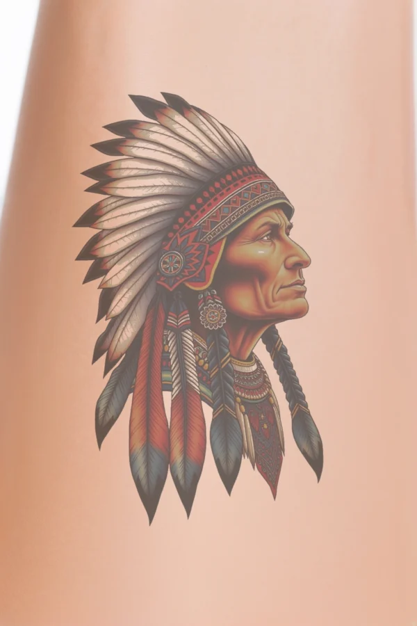 A temporary temporary tattoo design featuring a realistic portrait of a Native American man in profile, facing right. He wears a traditional headdress adorned with red, white, and black feathers and a dark forehead band. His neck is decorated with a necklace of red,