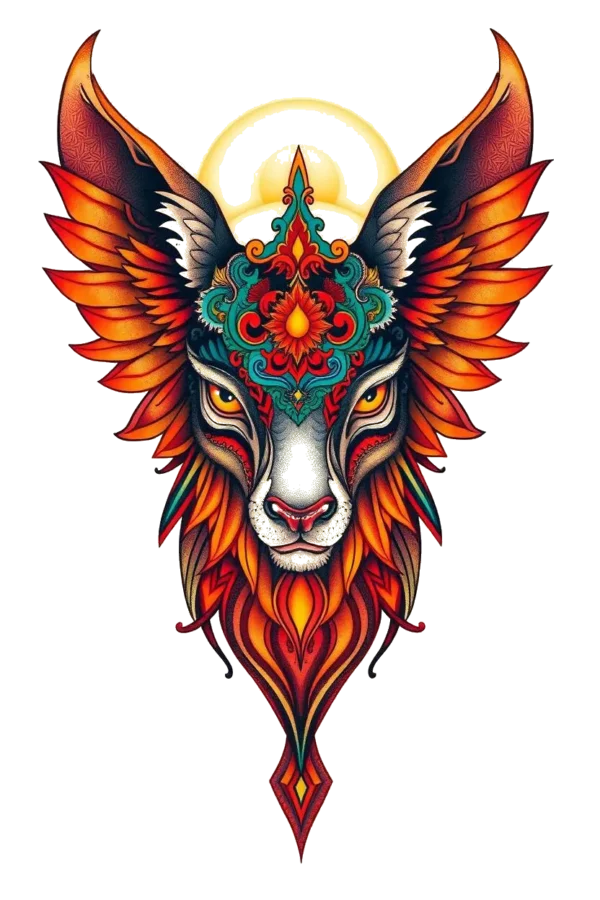 A temporary temporary tattoo design featuring a stylized animal's head, resembling a cat, embellished with intricate patterns. The animal has striking yellow eyes and a deep red nose, crowned with a large, ornate golden-yellow headdress. Its expansive wings, colored in