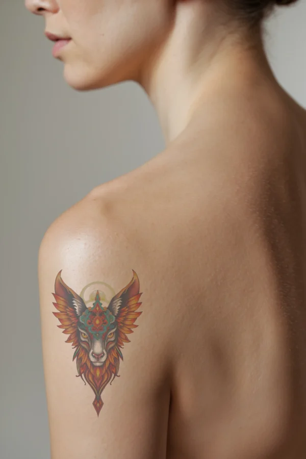 A profile view of a person's shoulder featuring a vibrant temporary temporary tattoo of a stylized feline's head. The temporary tattoo showcases intricate patterns on the animal's face, highlighted by large, yellow eyes and a deep red nose. It wears an ornate golden-yellow he