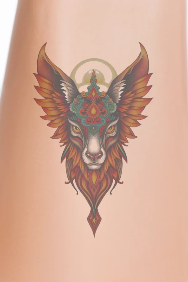 Temporary temporary tattoo featuring a detailed black and white illustration of a dragon's head. The dragon has a pointed snout, wide grin, and inward-curving horns, with large dark eyes and an open mouth showcasing sharp teeth. The symmetrical design includes decorative elements