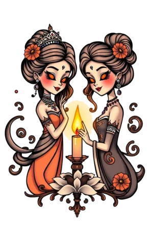 Temporary tattoo design featuring two women with dark brown, updo hairstyles accented by small dark red flowers. They wear intricate gold necklaces and earrings, dressed in vibrant orange and dark brown/black garments. Positioned on either side of a lit candle on a white