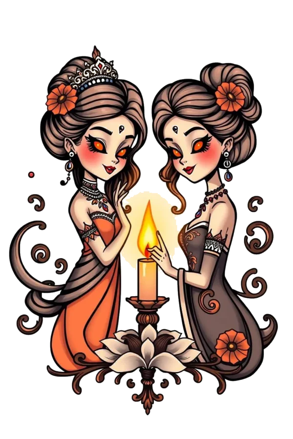 Temporary temporary tattoo design featuring two women with dark brown, updo hairstyles accented by small dark red flowers. They wear intricate gold necklaces and earrings, dressed in vibrant orange and dark brown/black garments. Positioned on either side of a lit candle on a white