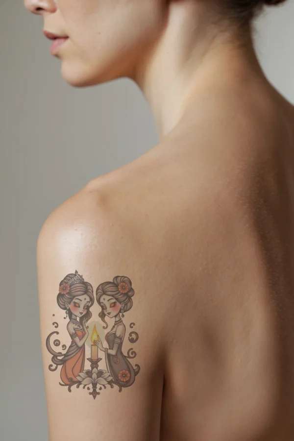 A close-up profile view of a person's shoulder featuring an intricate temporary temporary tattoo. The temporary tattoo depicts two women with dark brown hair in elegant updos, each adorned with small dark red flowers. They wear detailed gold necklaces and earrings, dressed in a combination of