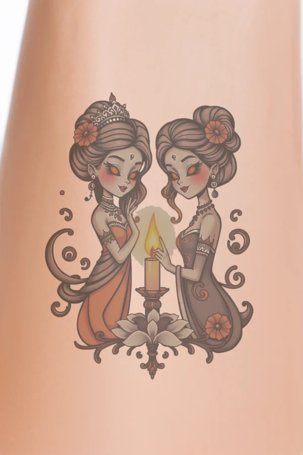 Alternative text: "A temporary temporary tattoo design featuring two women with dark brown updos adorned with small dark red flowers. They are wearing intricate gold necklaces and earrings, dressed in vibrant orange and dark brown/black outfits. The women stand on either side of