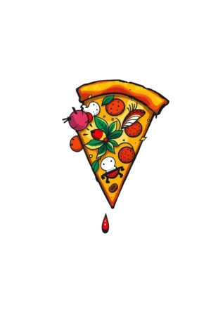 A colorful temporary tattoo design featuring a triangular slice of pizza, adorned with vibrant red sauce and an abundance of toppings. The slice showcases a variety of ingredients, including red tomato slices, multiple shades of bell peppers (red, green, and yellow), and