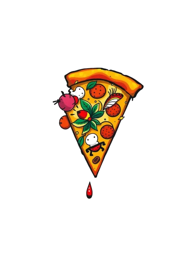 A colorful temporary temporary tattoo design featuring a triangular slice of pizza, adorned with vibrant red sauce and an abundance of toppings. The slice showcases a variety of ingredients, including red tomato slices, multiple shades of bell peppers (red, green, and yellow), and